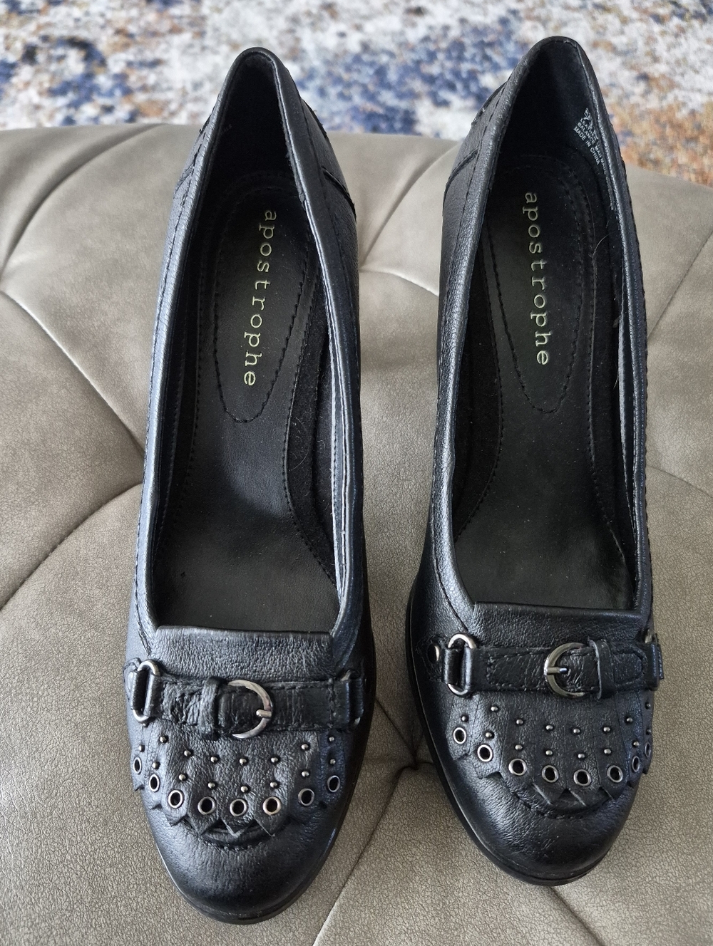 Apostrophe Size 7.5 Black Leather Buckle Pumps